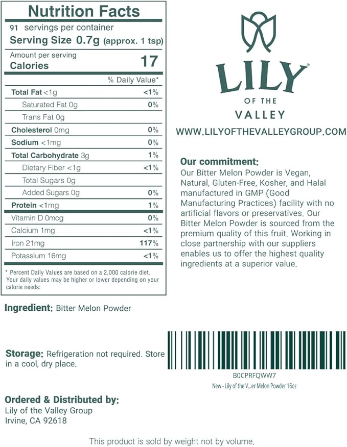 Lily of the Valley Bitter Melon Powder (Karela Powder) - Ideal for Smoothies & Shakes - Momordica Charantia - Healthy Lifestyle - Vegan & Gluten-Free - Packed in Resealable Pouch (16oz, 453g)