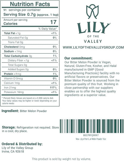 Lily of the Valley Bitter Melon Powder (Karela Powder) - Ideal for Smoothies & Shakes - Momordica Charantia - Healthy Lifestyle - Vegan & Gluten-Free - Packed in Resealable Pouch (16oz, 453g)