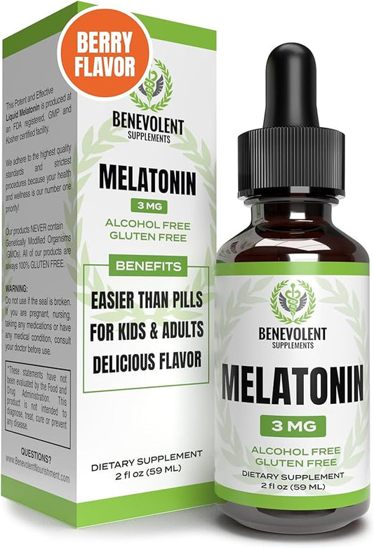 Benevolent Melatonin Liquid for Adults 3mg, Liquid Melatonin Drops for Kids 2 Month Supply, Berry Vanilla Flavor & Made in USA, Melatonin Sleep Aid Helps Fall Asleep Faster & Stay Asleep Longer