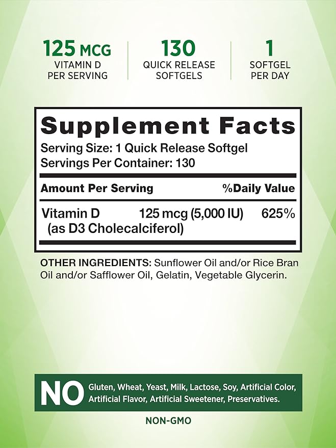 Nature's Truth Vitamin D3 5000 IU Softgels 130 Count | High Potency Vitamin D | Non-GMO, Gluten Free