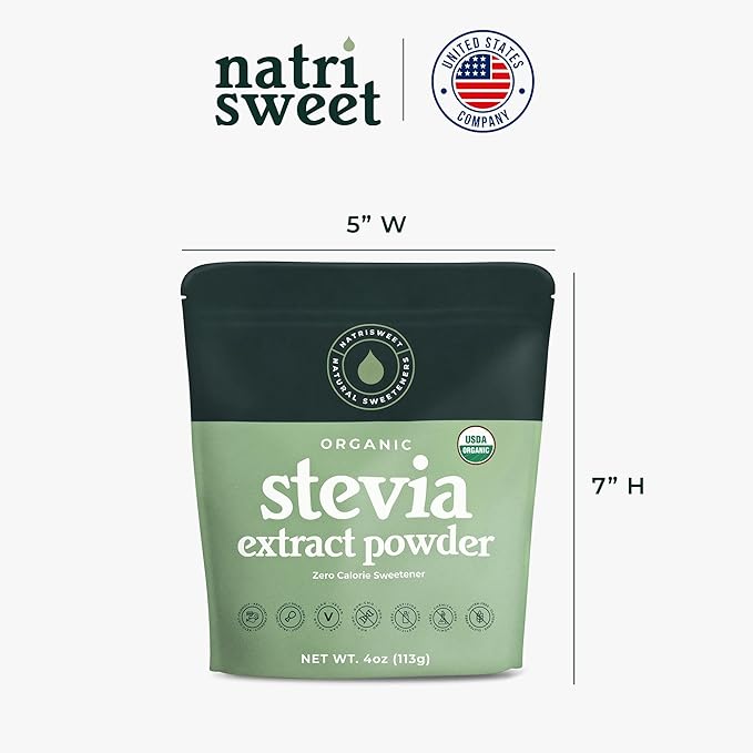 NatriSweet Stevia Powder, 4 oz, Pure Stevia Sweetener with No Additives, No Fillers, Zero Carbs, Zero Calorie, Organic Stevia Powder For Sugar Substitute, 300 Times Sweeter Than Sugar, 800+ Servings