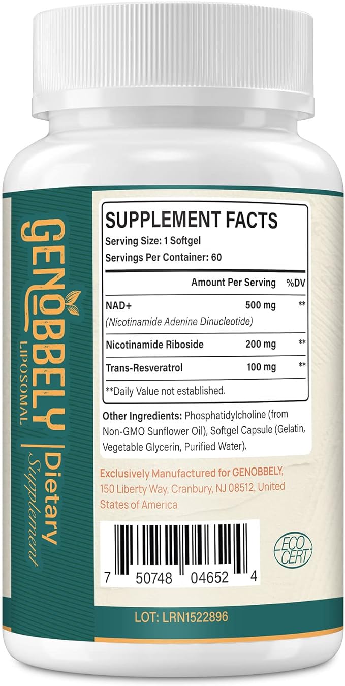 800 mg Liposomal NAD+ Supplement with Nicotinamide Riboside 200 mg, Trans-Resveratrol 100 mg - True NAD Supplement for DNA Repair, Healthy Aging, Brain Function - 240-Day Supply