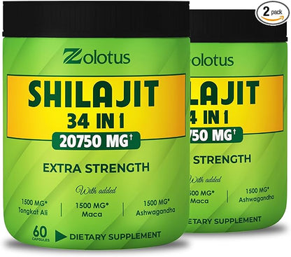 Zolotus (2 Packs 60 Capsules 20750mg Shilajit Capsules 34 in 1, with Tongkat Ali, Ashwagandha Root, Maca Root - Best Supplement for Brain Health, Immune System & Energy Production