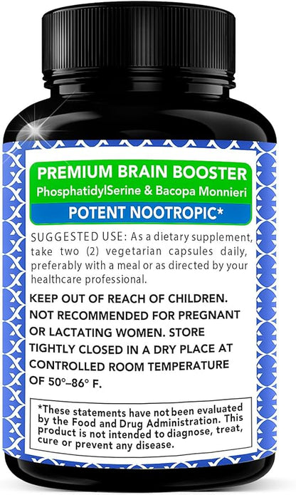 PhosphatidylSerine & Bacopa Monnieri 400 mg 2 in 1 Supplement - Natural Brain Enhancer/Nootropic for Enhanced Focus and Concentration, Memory Support, & Cognitive Function - 120 Vegetarian Capsules