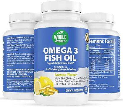 Omega 3 Fish Oil Supplements, Maximum Strength 2400 mg Omega-3, 1440mg Fish Oil, EPA DHA Fatty Acids, Heart Health, Vision, Eye, Brain, Immune Support for Women & Men. Natural Lemon Flavor, 60 ct (1)