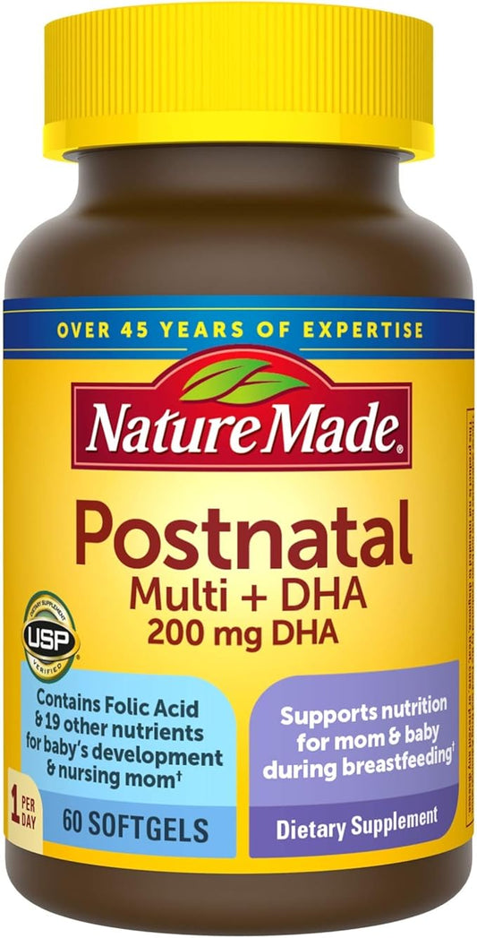 Nature Made Postnatal Multivitamin + DHA 200 mg, 60 Softgels, to Support Nursing Moms & Babies During Breastfeeding, Postnatal Vitamins & Nutrients Include Iron, Vitamin D3, Calcium, Iodine