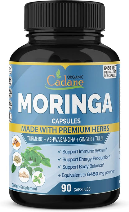 Organic Moringa Extract Capsules 6450mg, 3 Months Supply with Ashwagandha, Tulsi, Ginger, Turmeric - Energy Booster, Immune System Support - 90 Capsules