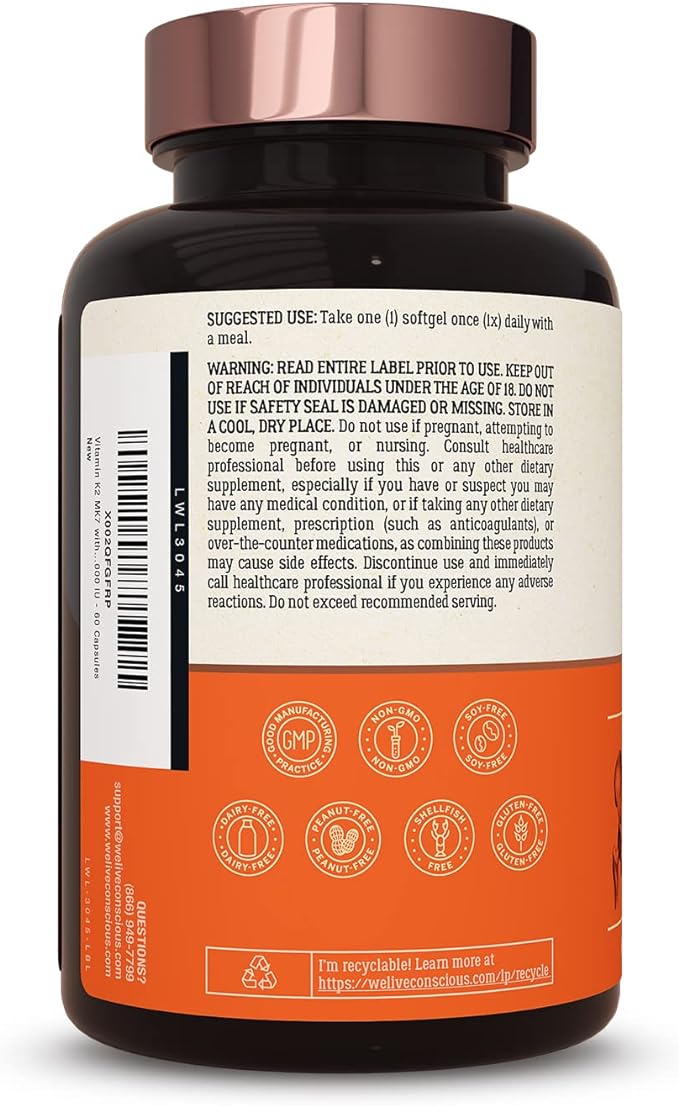 Live Conscious Vitamin K2 MK7 with D3 Supplement | Bone & Heart Health Support - Patented Vitamin K & Vitamin D3 5000 IU - 60 Softgels