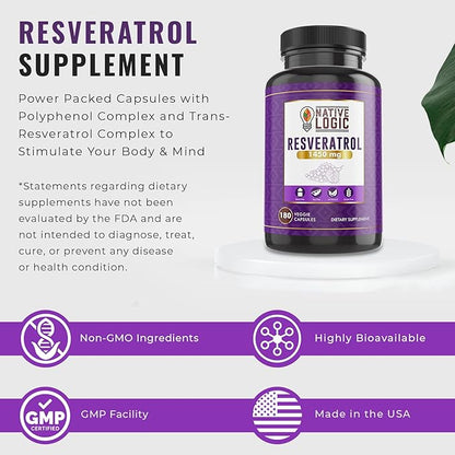 Trans-Resveratrol with Antioxidants 180 Capsules with Acai Berry, Grape Seed, and Green Tea Leaf Extract, 1450mg. Supports Cardiovascular Health and Immune System