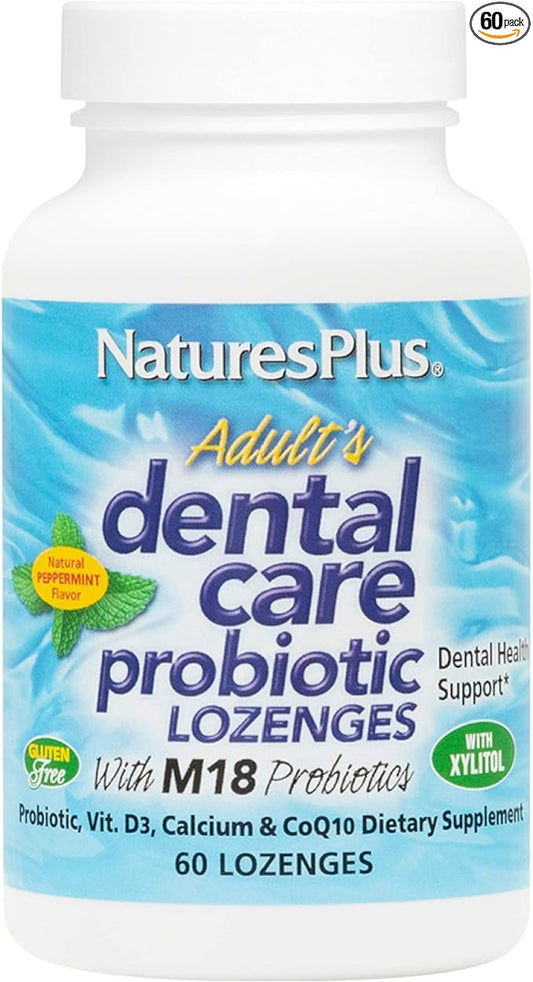 Natures Plus Adults Dental Care Probiotic - Supplement for Teeth & Gum Health - Peppermint Flavor - 60 Vegetarian Lozenges (30 Servings)