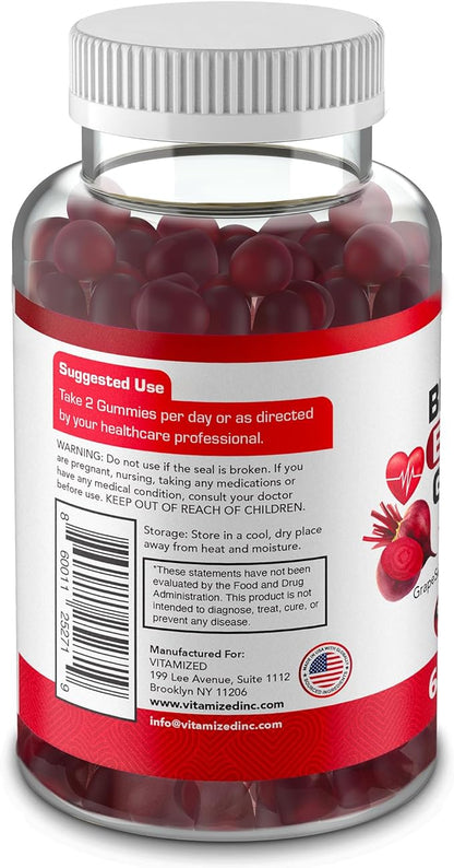 Extreme Beetroot Formula & COQ10 100mg with Grape Seed Extract, for Circulation Energy & Flow, 1500mg Beet Root Gummies Extract Gluten Free 60