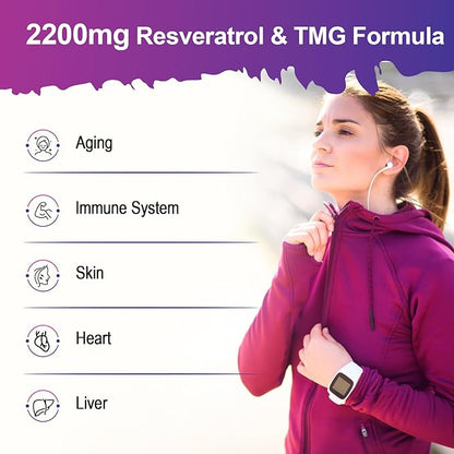 Liposomal Resveratrol with TMG Supplement 2200 MG, 99% Purity Trans-Resveratrol & Trimethylglycine- for Aging, Immune System,Skin & Overall Health,60 Softgels