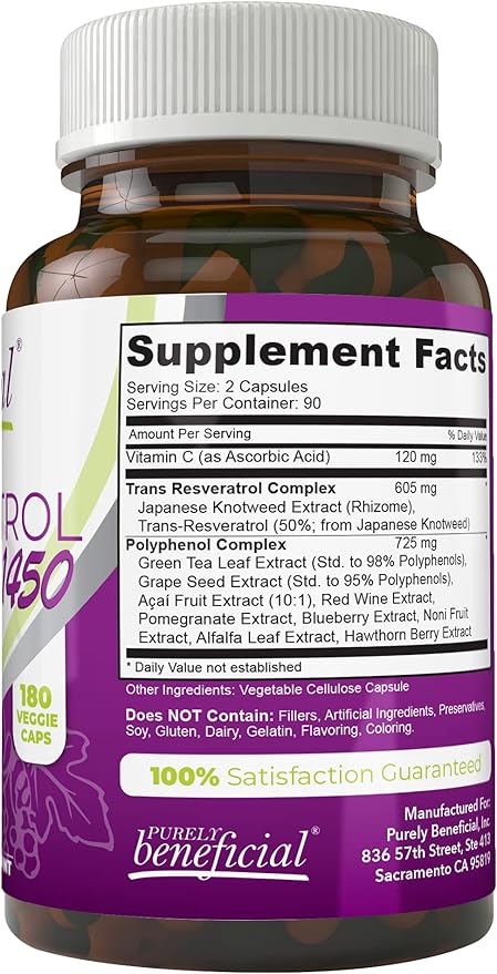 PURELY beneficial RESVERATROL1450-90day Supply, 1450mg per Serving of Potent Antioxidants & Trans-Resveratrol, Promotes Anti-Aging, Cardiovascular Support, Maximum Benefits (1bottle)