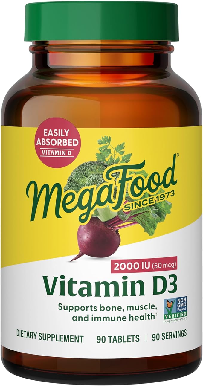 MegaFood Vitamin D3 2000 IU (50 mcg) - Vitamin D Supplements With Real Food, Immune Support, Supports Bones, Teeth & Muscles, Vegetarian, Certified Non-GMO, Kosher – 90 Tablets, 90 Servings