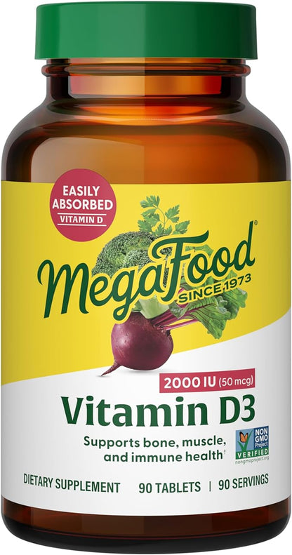 MegaFood Vitamin D3 2000 IU (50 mcg) - Vitamin D Supplements With Real Food, Immune Support, Supports Bones, Teeth & Muscles, Vegetarian, Certified Non-GMO, Kosher – 90 Tablets, 90 Servings