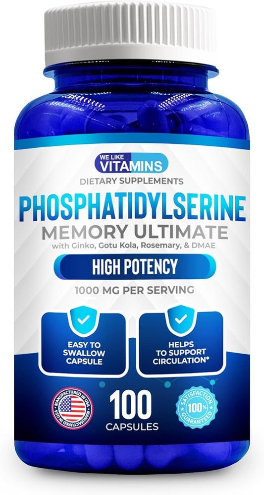 We Like Vitamins Phosphatidylserine Supplement with Gingko Biloba, Gotu Kola, DMAE - Improves Focus, Memory, Cognitive Function - Soy-Free 1000mg Memory Ultimate Complex - 100 Easy-to-Swallow Capsules