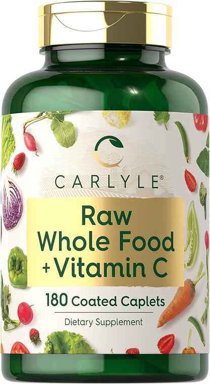 Carlyle Raw Whole Foods VIT C | 180 Coated Caplets | Dietary Supplement | Vegan, Non-GMO & Gluten Free