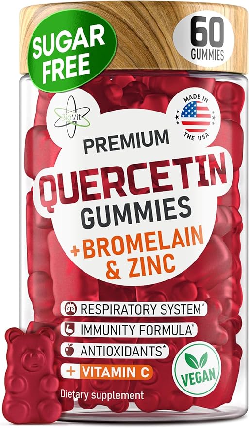 Quercetin Gummies 500MG - Activated Quercetin for Kids & Adults Immune System & Allergy - Chewable Quercetin with Bromelain, Zinc, Vitamin C, Vitamin D3 - Made in USA - 60 Vegan Gummy Bears