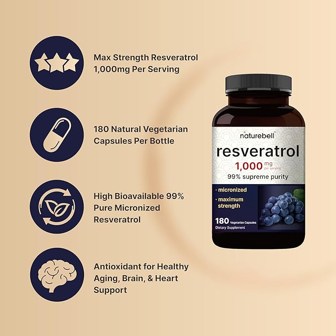 NatureBell Resveratrol Supplement 1000mg Per Serving, 180 Veggie Capsules, 99% Pure Trans-Resveratrol, Antioxidant for Healthy Aging, Brain & Heart Support – Non-GMO