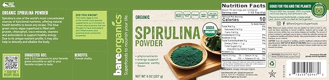 BareOrganics 13132 USDA Organic Raw Spirulina Powder, Whole food supplement, Gluten-Free & Non-GMO, 8 Ounce