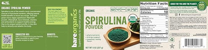 BareOrganics 13132 USDA Organic Raw Spirulina Powder, Whole food supplement, Gluten-Free & Non-GMO, 8 Ounce