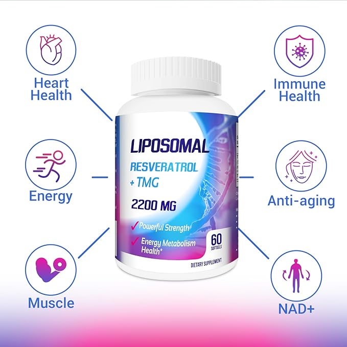 Liposomal 2200mg High Dose Softgel, Trans-Resveratrol 1700mg + TMG 500mg, Powerful Antioxidant for Anti-Aging, Skin Health, Cell Repair, NAD+ Level, Energy & Immune and Overall Health - 60 Softgels