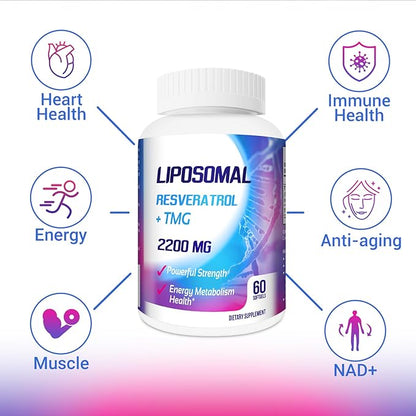 Liposomal 2200mg High Dose Softgel, Trans-Resveratrol 1700mg + TMG 500mg, Powerful Antioxidant for Anti-Aging, Skin Health, Cell Repair, NAD+ Level, Energy & Immune and Overall Health - 600 Softgels