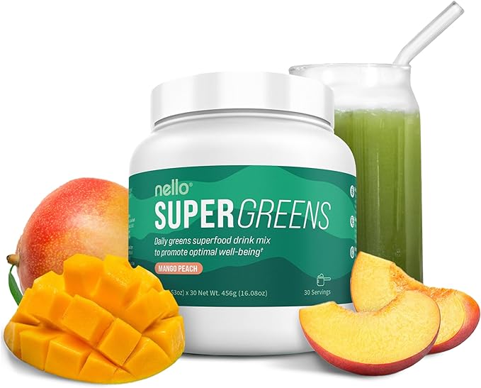 Nello Supergreens - Premium Superfood Greens Drink Mix with Chlorella, Moringa,Spinach, & Broccoli + Digestive Enzymes & Probiotic Blend -Nutrient-Packed Powder for Wellness (Mango Peach, 30 SRV)