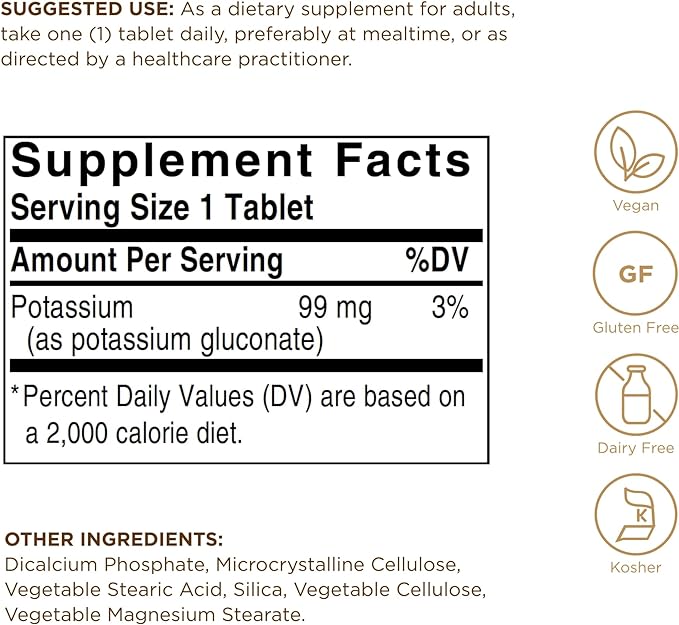 Solgar Potassium - 250 Tablets - Nerve & Muscle Health, Promotes Electrolyte Balance - Vegan, Gluten & Dairy Free, Kosher - 250 Servings