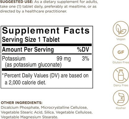 Solgar Potassium - 250 Tablets - Nerve & Muscle Health, Promotes Electrolyte Balance - Vegan, Gluten & Dairy Free, Kosher - 250 Servings