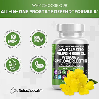 Clean Nutraceuticals Saw Palmetto 10000mg Pumpkin Seed Oil 3000mg Pygeum 3000mg Sunflower Lecithin 3000mg Stinging Nettle Cranberry - Prostate Supplements for Men with Lycopene - 90 Caps