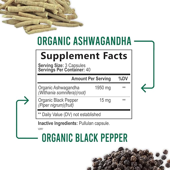 Nature's Nutrition Organic Ashwagandha Capsules Extra Strength 1950mg - Stress Support Formula - Natural Mood Support - Focus & Energy Support Supplement - 120 Capsules