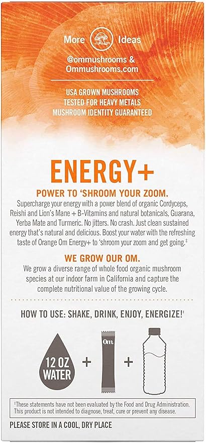 Om Mushroom Superfood Energy Plus Mushroom Powder Drink Mix, Citrus Orange, Single Serve, 10 Count, Mushroom Blend, Cordyceps, Yerba Mate, Tumeric, Vitamin B Complex, Pre-Workout, Immune Supplement