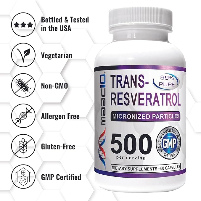 MAAC10 - Trans Resveratrol 500mg 3-Pack (Micronized Pharmaceutical Grade 99% Pure Trans-Resveratrol Extract + BioPerine for Superior Absorption).