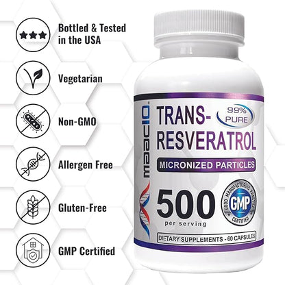 MAAC10 Trans Resveratrol 500mg Supplement (Micronized Pharmaceutical Grade 99% Pure Trans-Resveratrol Extract + BioPerine for Superior Absorption) (2X 250mg Capsules 60ct)