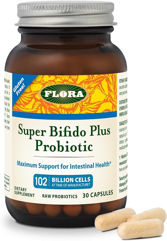 Flora Super Bifido Plus 102 Billion CFU, Raw Probiotics for Men & Women, Bifidobacterium, Lactobacillus, Digestion, IBS, Immune System, Gut Balance Supplements - 30 Vegetarian Capsules