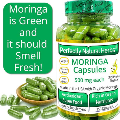 150 Moringa Capsules Made With USDA Certified Organic Moringa Leaf Powder, Net Weight of 500mg per Capsule