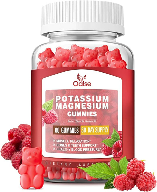 Potassium Magnesium Gummies for Adults Kids, High Absorption Potassium Gluconate 99mg Magnesium Citrate 400mg, Chewable Gummy Supplements for Leg Cramps & Muscle & Heart Health, Raspberry, 60 Count