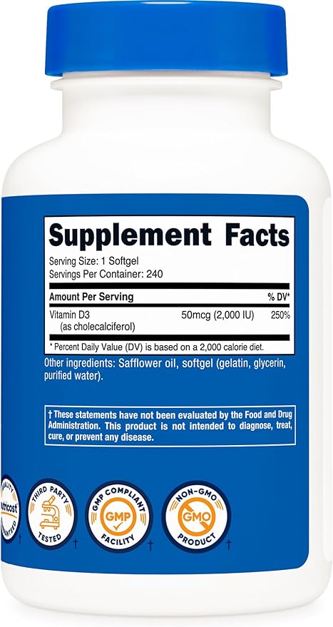 Nutricost Vitamin D3 2000 iu Softgels, 240 Softgels - Non-GMO & Gluten Free