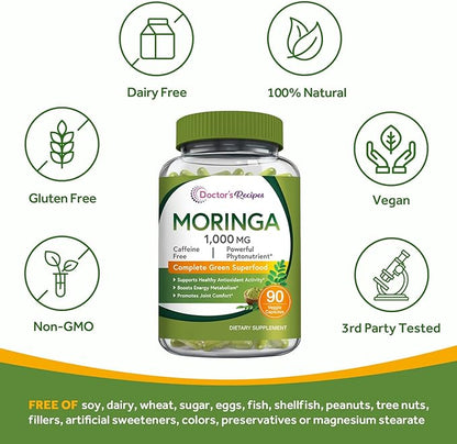 Doctor's Recipes Organic Moringa 10,800 mg Strength, Pure & Wild Harvested, Complete Green Superfood, Natural Antioxidant Support, Non-GMO, 90 Vegan Caps, No Caffeine Soy Gluten