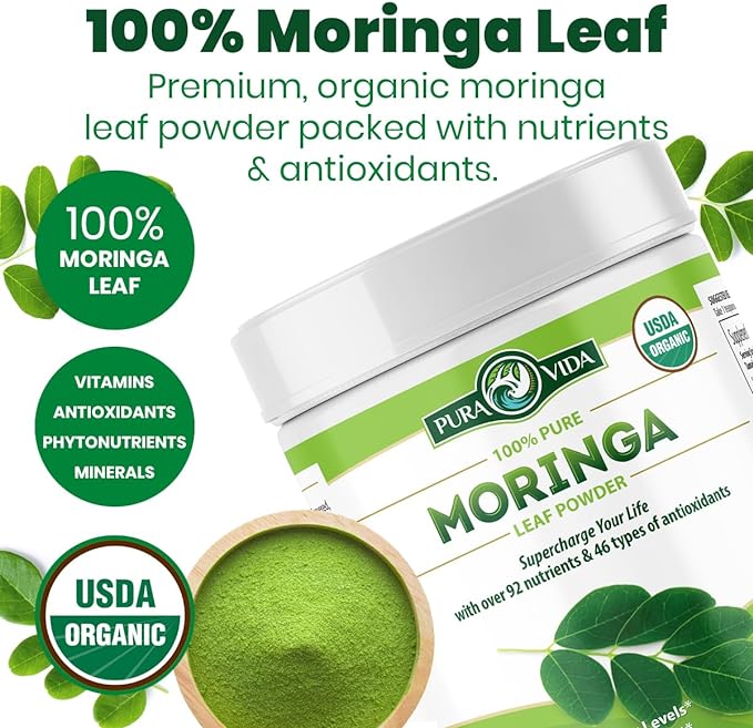 PURA VIDA MORINGA Moringa Powder Organic Single Origin - Premium 100% Leaf Powder, USDA Organic Moringa Oleifera, Moringa Leaf Powder - Perfect for Smoothies & Recipes. 8 oz.