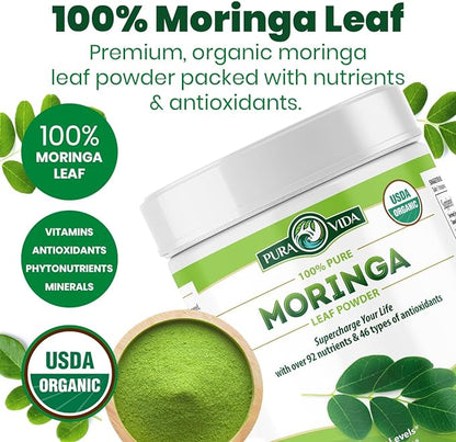 PURA VIDA MORINGA Moringa Powder Organic Single Origin - Premium 100% Leaf Powder, USDA Organic Moringa Oleifera, Moringa Leaf Powder - Perfect for Smoothies & Recipes. 8 oz.