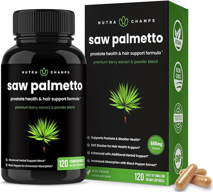 Saw Palmetto Supplement for Prostate Health [Extra Strength] 600mg Complex with Extract, Berry Powder & Herbs - Supports Healthy Urination Frequency, DHT Blocker & Hair Loss Prevention - 120 Capsules