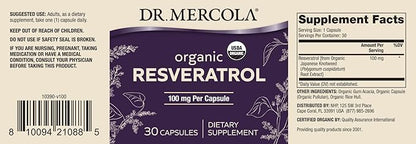 Dr. Mercola Organic Resveratrol Dietary Supplement, 100mg per Capsule, 30 Servings (30 Capsules), Non GMO, Gluten Free, Soy Free, USDA Organic