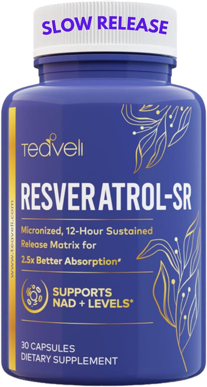 Advanced Trans Resveratrol Capsules with 12-Hour Sustained Release for Up to 250% Better Bioavailability - NAD Resveratrol Supplement with Micronized Resveratrol