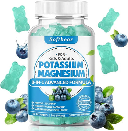 Potassium Gummies for Adults, High Absorption Potassium Magnesium Supplement with Vitamin B6 CoQ10 for Leg Cramps & Muscle Health Sugar-Free Vegan Blueberry Flavor 60 Gummies