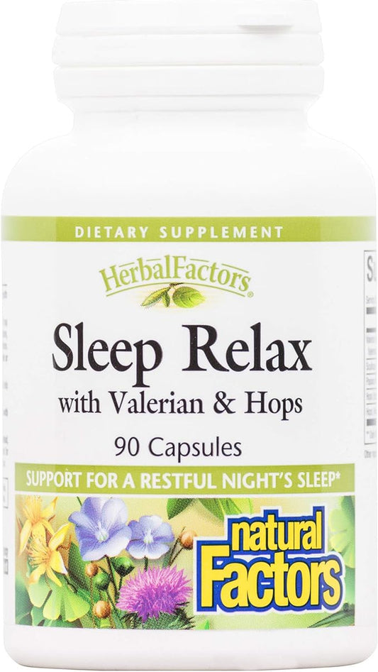 Natural Factors Herbal Factors Sleep Relax Formula, Natural Sleep Aid with Valerian Root, Passion Flower and Skullcap, Non-GMO, 90 capsules (90 servings)