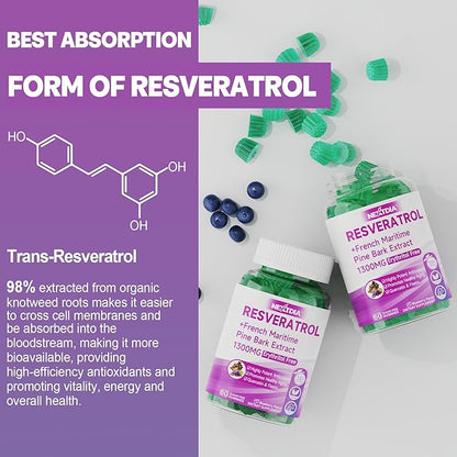 Resveratrol Supplement 1000mg - Sugar Free Resveratrol Gummies w/Pine Bark Extract, Quercetin, Fisetin & Grape Seed for Antioxidant, Heart, Healthy Aging & Brain, 98% Pure Trans Resveratrol, 120 Cts