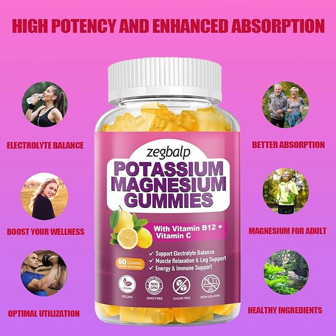 Sugar Free Potassium Magnesium Gummies for Adults Potassium Citrate with Magnesium Glycinate, Citrate, Vitamin B6 & C Supplement Supports Leg, Muscle, Mood, Energy & Immune (120 Counts)