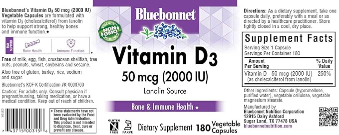 Bluebonnet Nutrition Vitamin D3 2000 IU Vegetable Capsule, Aid in Muscle and Skeletal Growth, Cholecalciferol from Lanolin, D3, Non GMO, Gluten Free, Soy Free, Milk Free, Kosher, 180 Vegetable Capsule